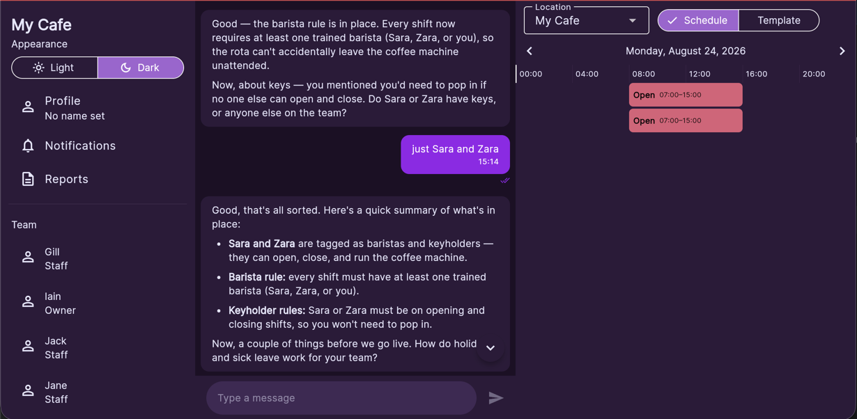 Kupa setting up a cafe's rota rules in chat, with the barista and keyholder rules confirmed, next to the week's schedule showing two open shifts.